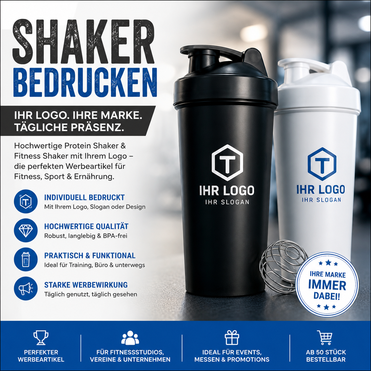 Protein Shaker mit Logo bedrucken | Hochwertige Werbeartikel für Fitness & Sport